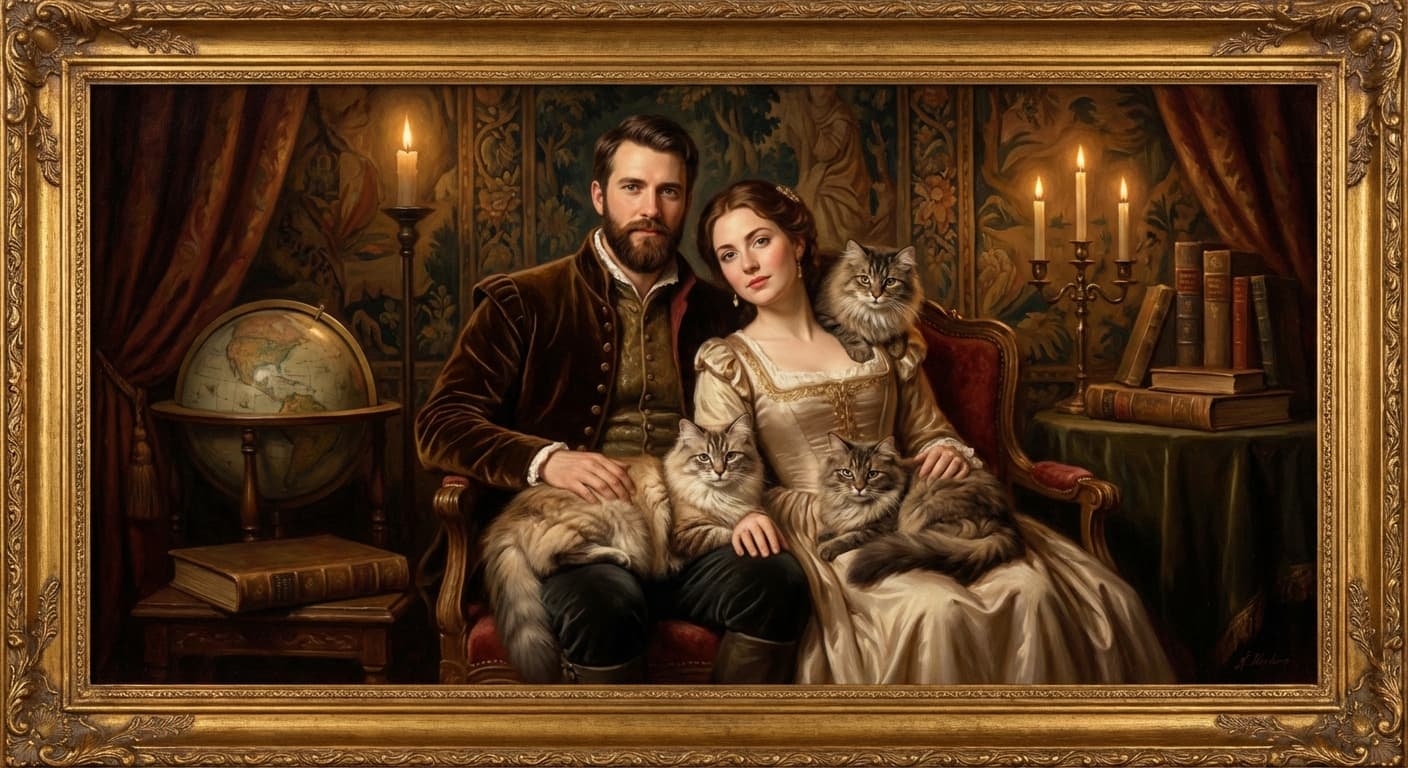 Couple with two cats portrait