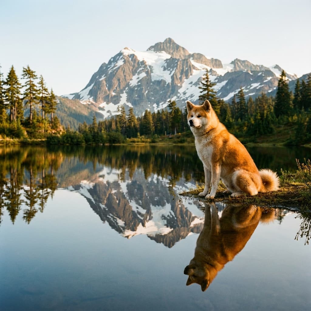 Akita in Lakeside Scene style