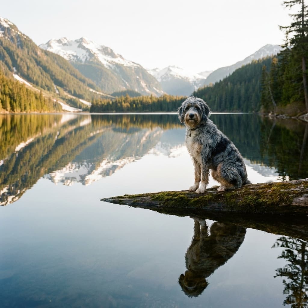 Aussiedoodle in Lakeside Scene style