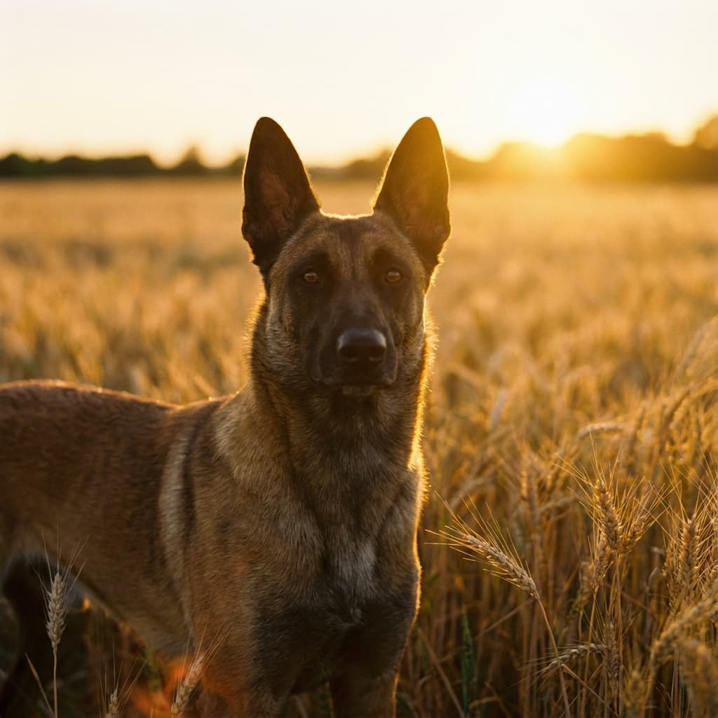 Belgian Malinois in Golden Hour Field style