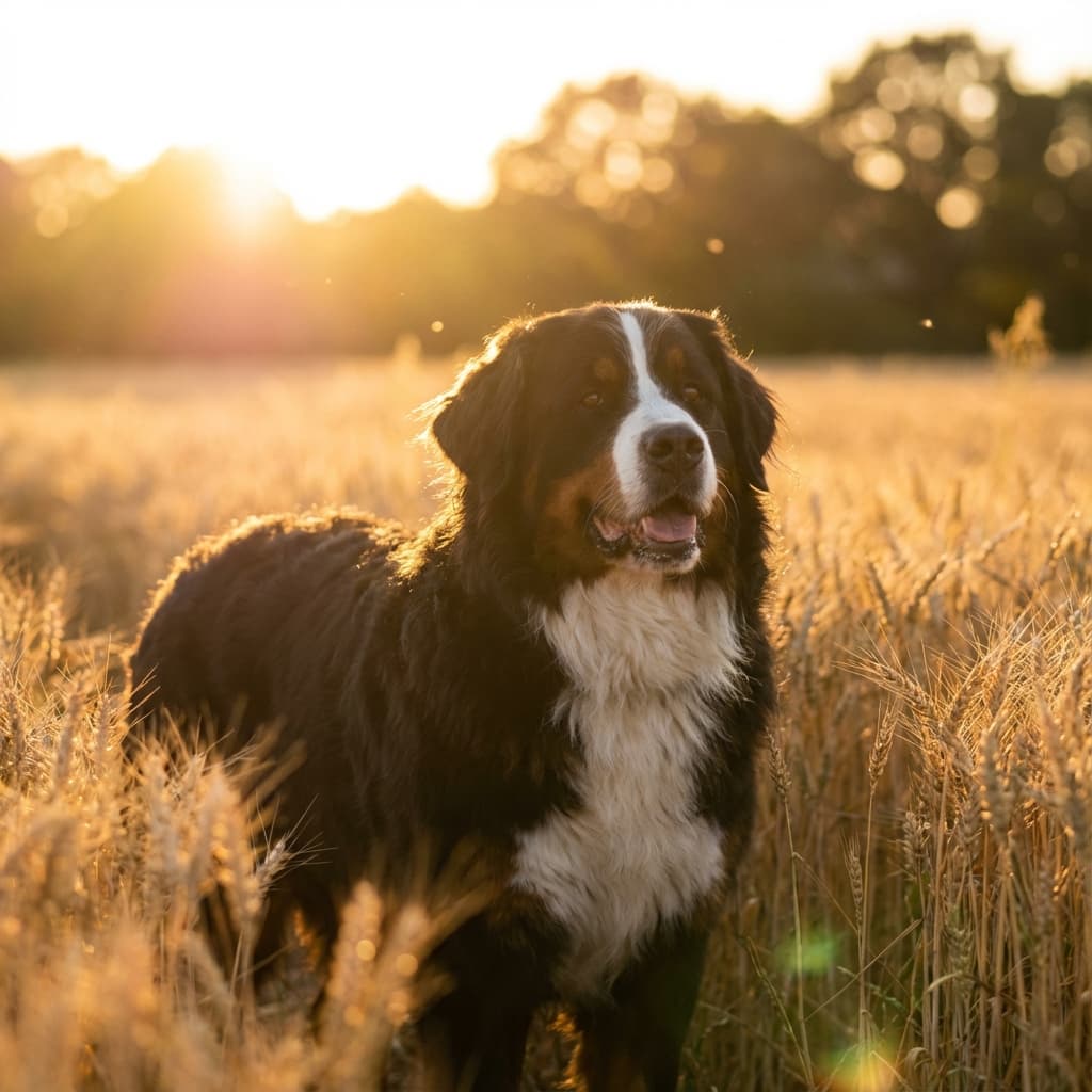 Bernese Mountain Dog in Golden Hour Field style