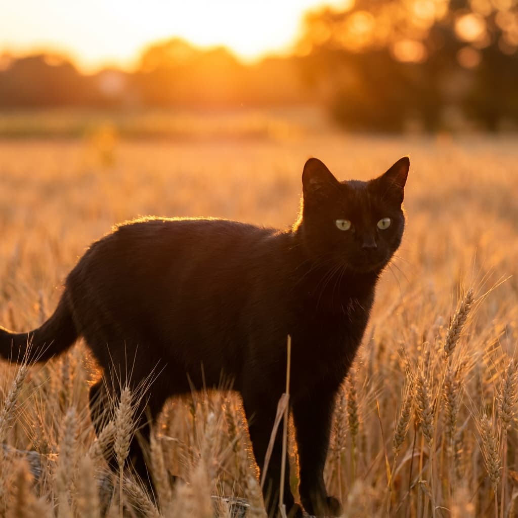 Black Cat in Golden Hour Field style