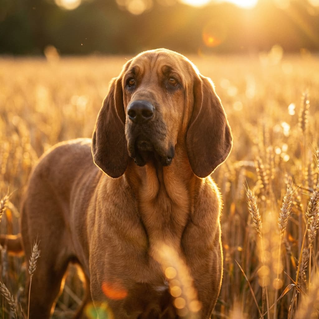 Bloodhound in Golden Hour Field style