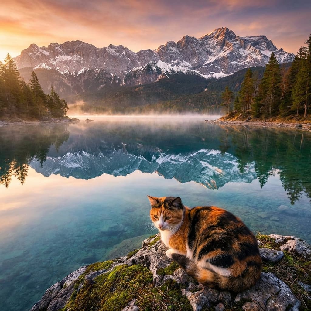 Calico Cat in Lakeside Scene style