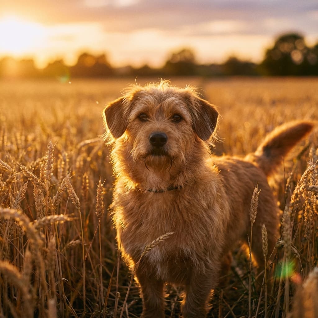 Corgipoo in Golden Hour Field style
