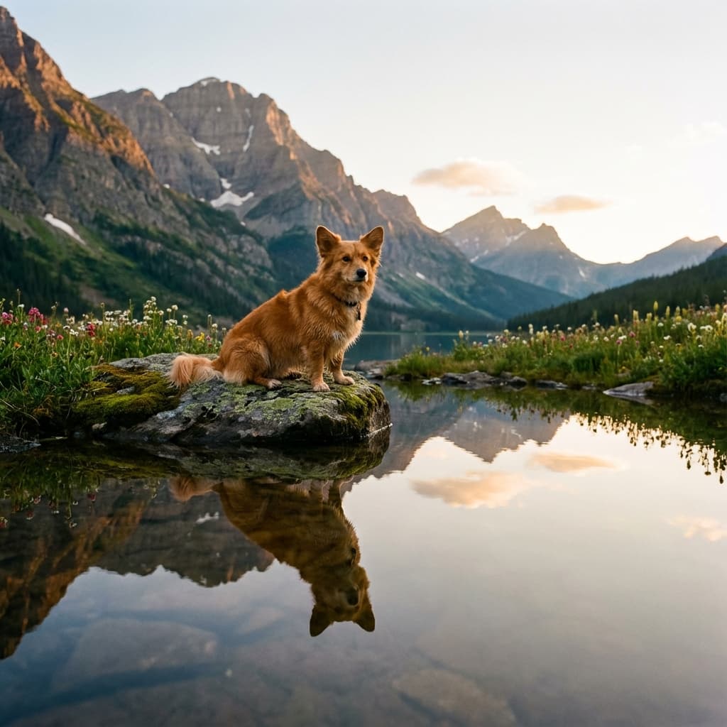 Corgipoo in Lakeside Scene style