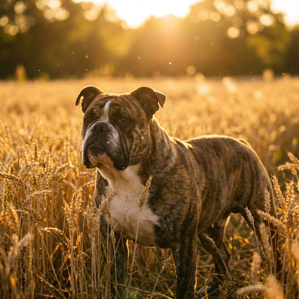 English Bulldog in Golden Hour Field style