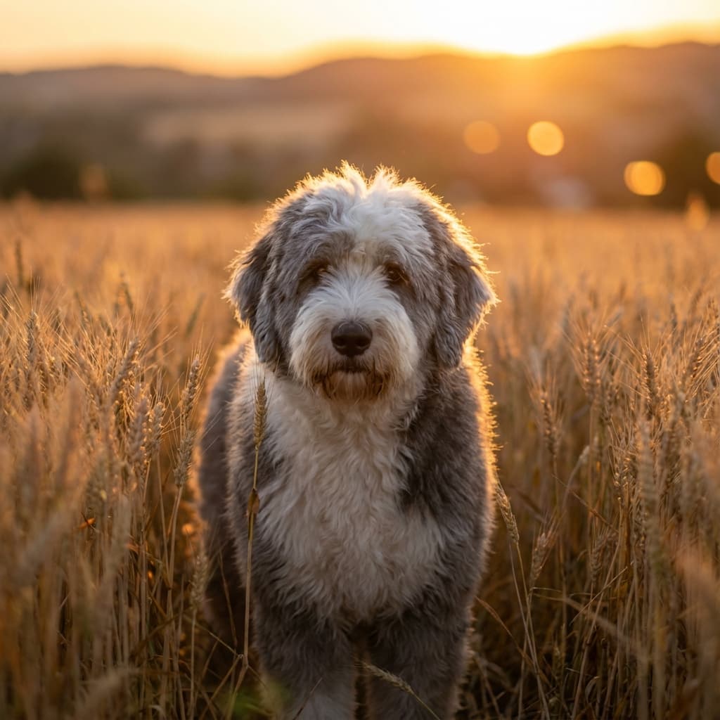 Old English Sheepdog in Golden Hour Field style