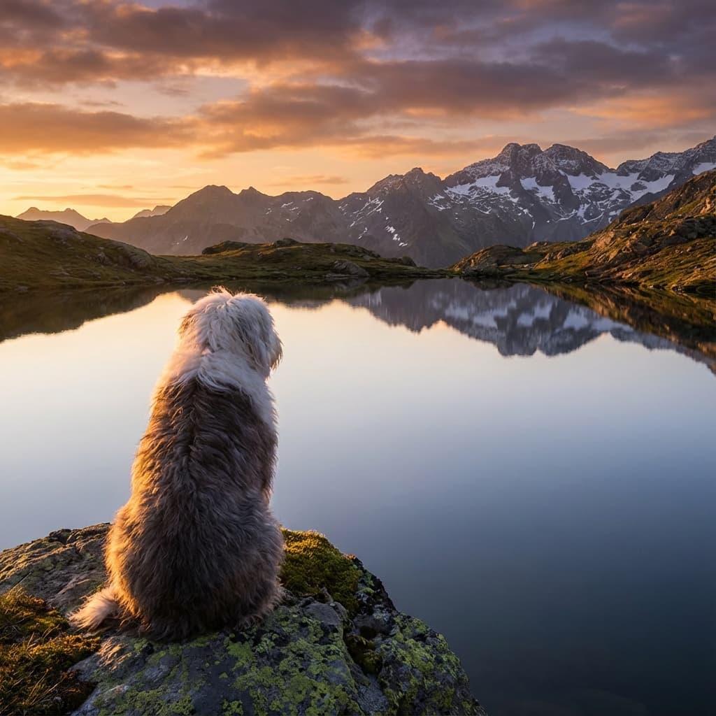 Old English Sheepdog in Lakeside Scene style