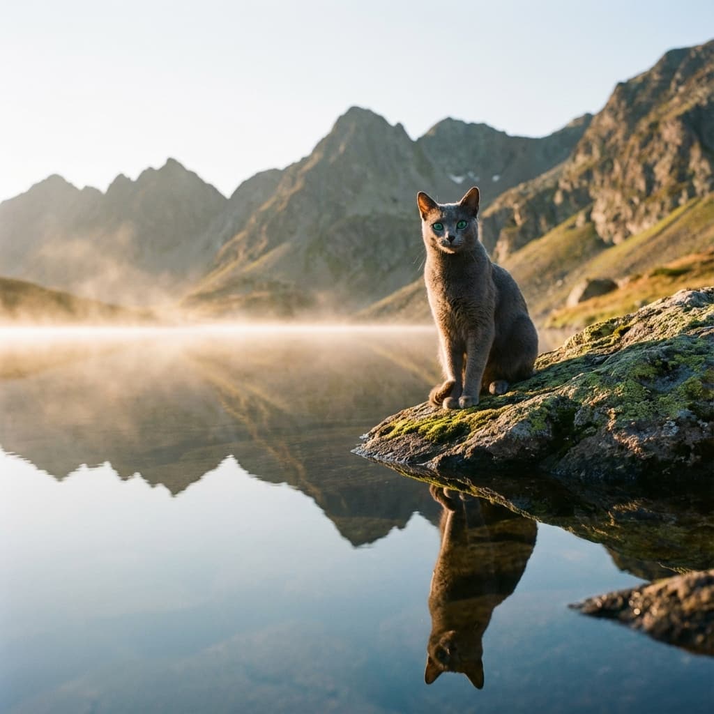 Russian Blue in Lakeside Scene style