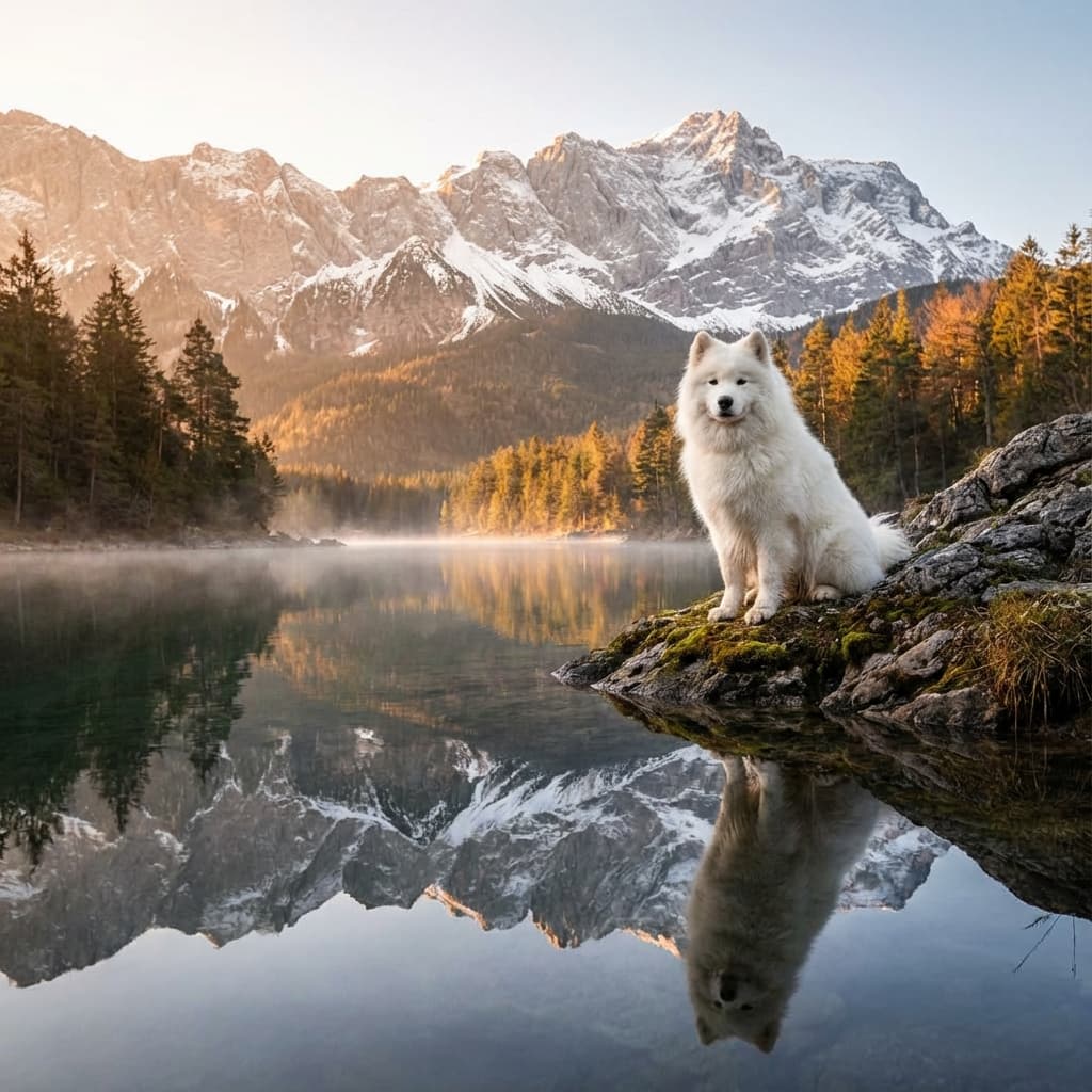 Samoyed in Lakeside Scene style
