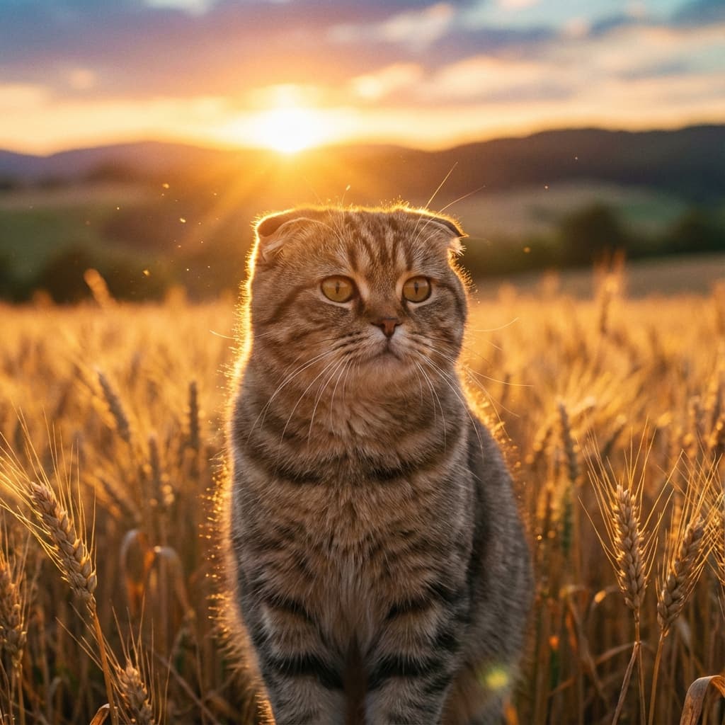 Scottish Fold in Golden Hour Field style