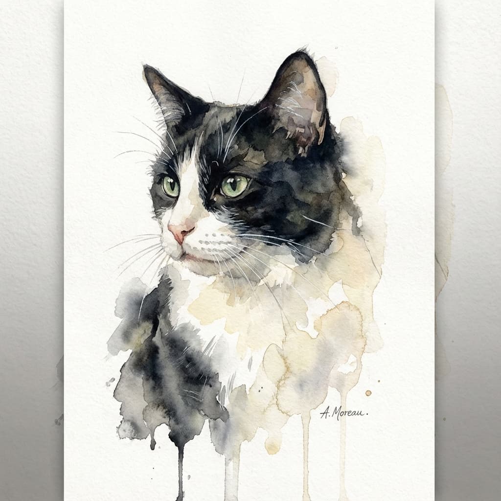 Tuxedo Cat in Watercolor style