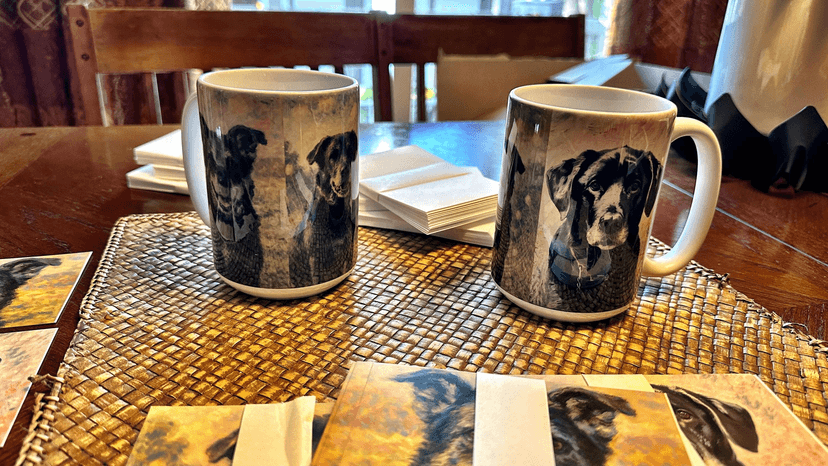Another view of the custom three-dog mug