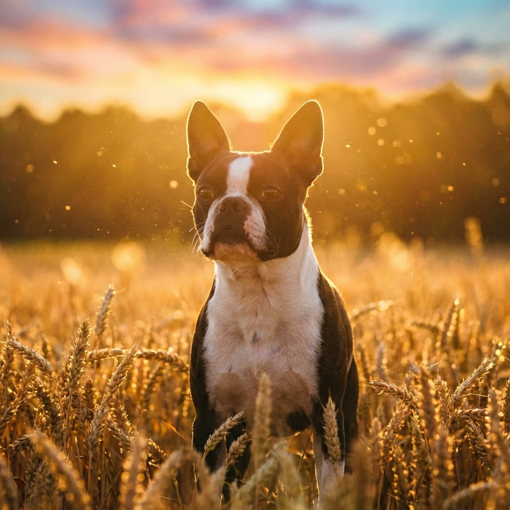 Boston Terrier in Golden Hour Field style