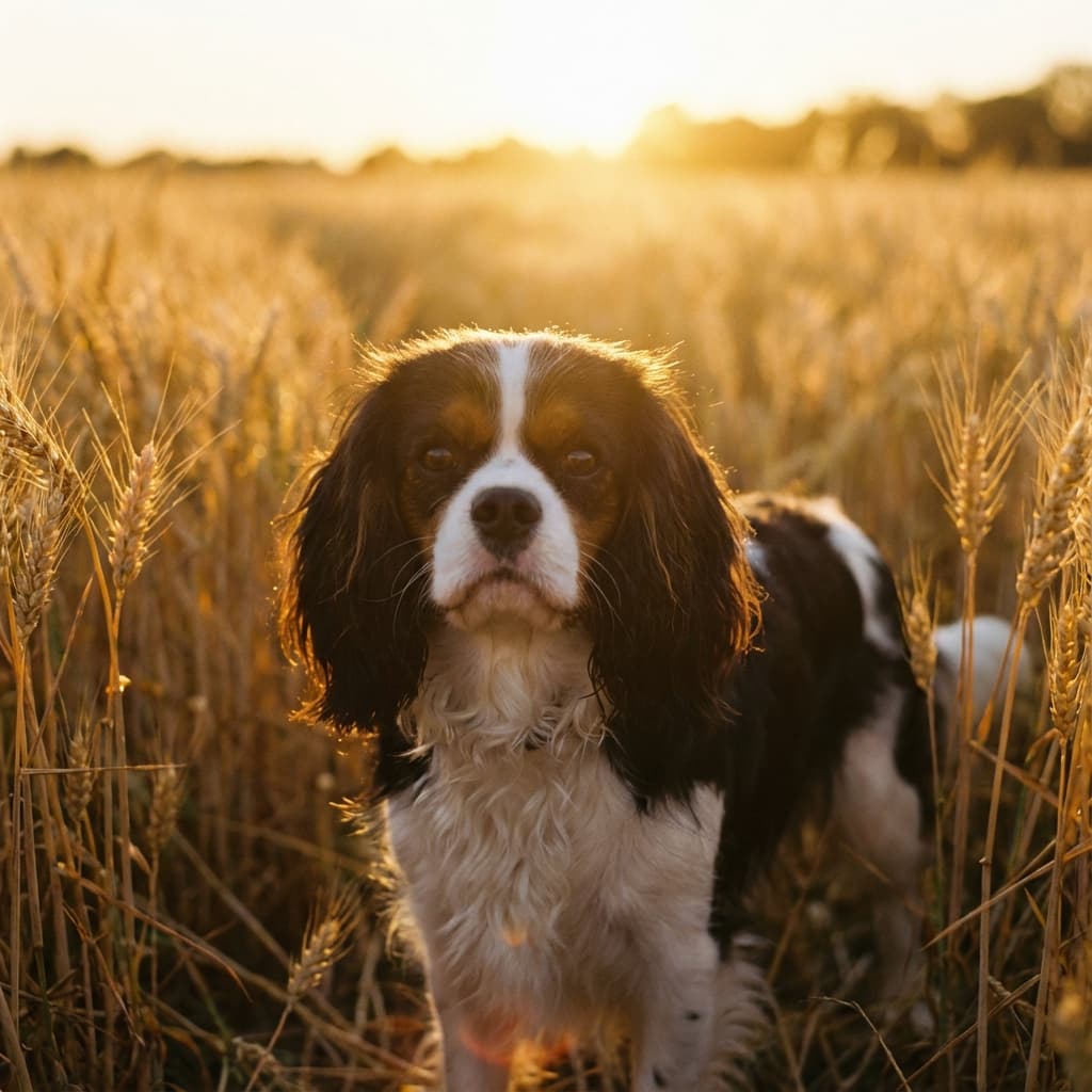 Cavalier King Charles Spaniel in Golden Hour Field style