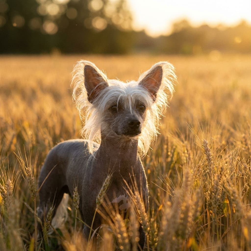 Chinese Crested in Golden Hour Field style