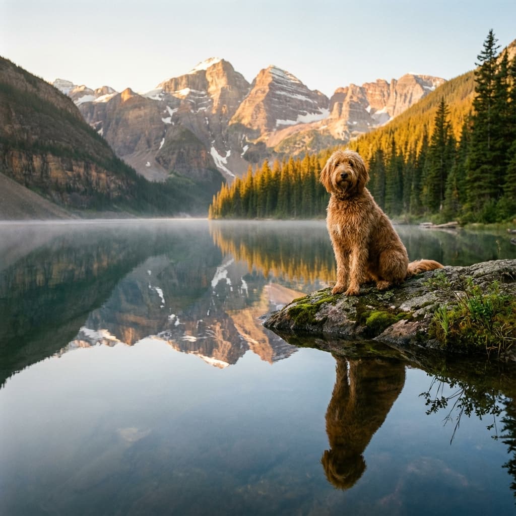 Goldendoodle in Lakeside Scene style