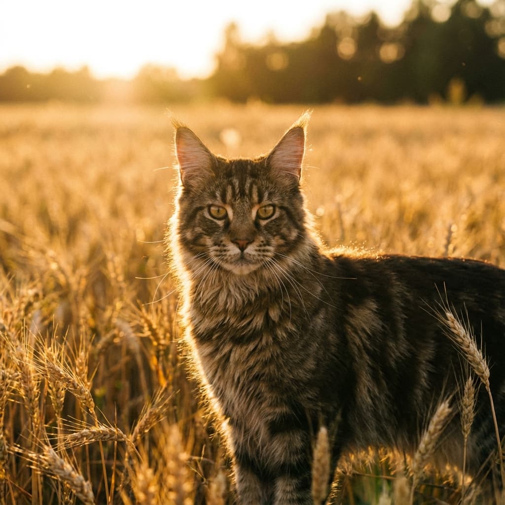 Maine Coon in Golden Hour Field style