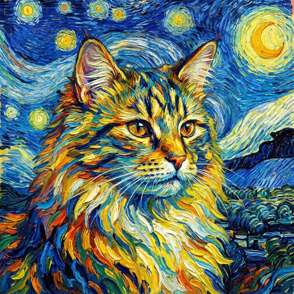 Norwegian Forest Cat in Van Gogh style