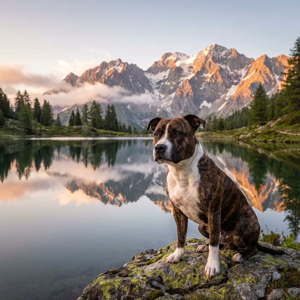 Staffordshire Bull Terrier in Lakeside Scene style