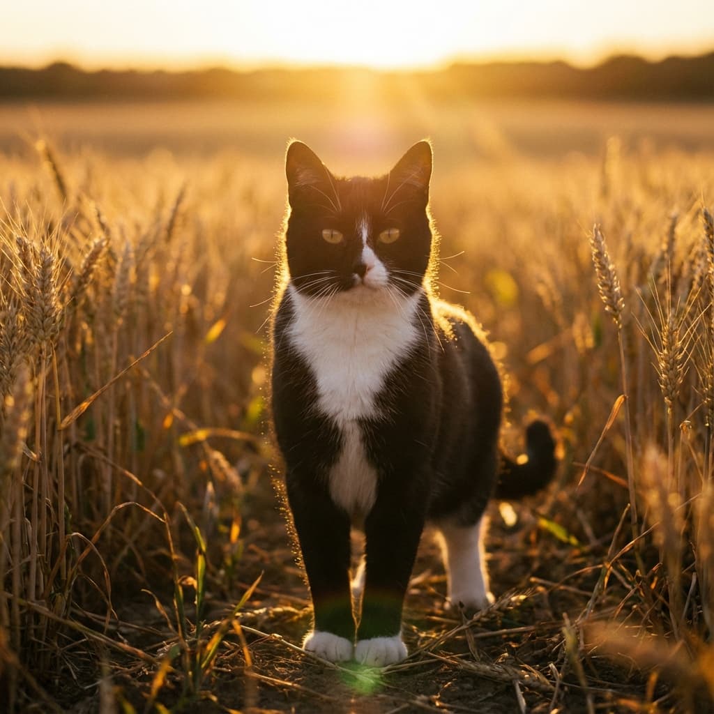 Tuxedo Cat in Golden Hour Field style
