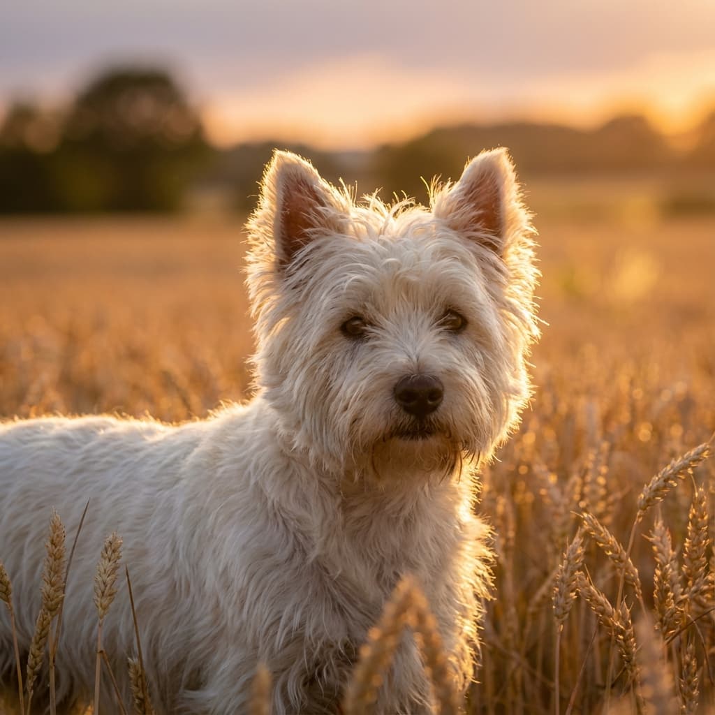 West Highland White Terrier in Golden Hour Field style